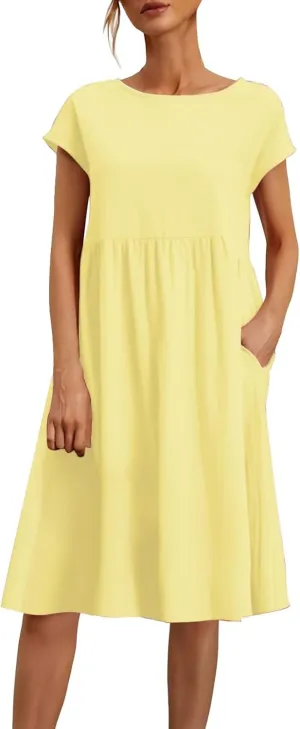 Cotton Dresses for Women 2025 Summer Short Sleeve Midi Dress Casual Loose Beach Dress with Pockets Vacation Outfits