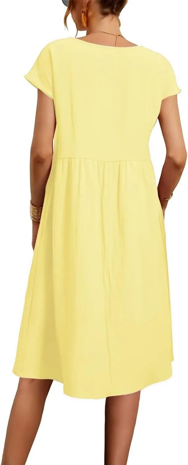 Cotton Dresses for Women 2025 Summer Short Sleeve Midi Dress Casual Loose Beach Dress with Pockets Vacation Outfits