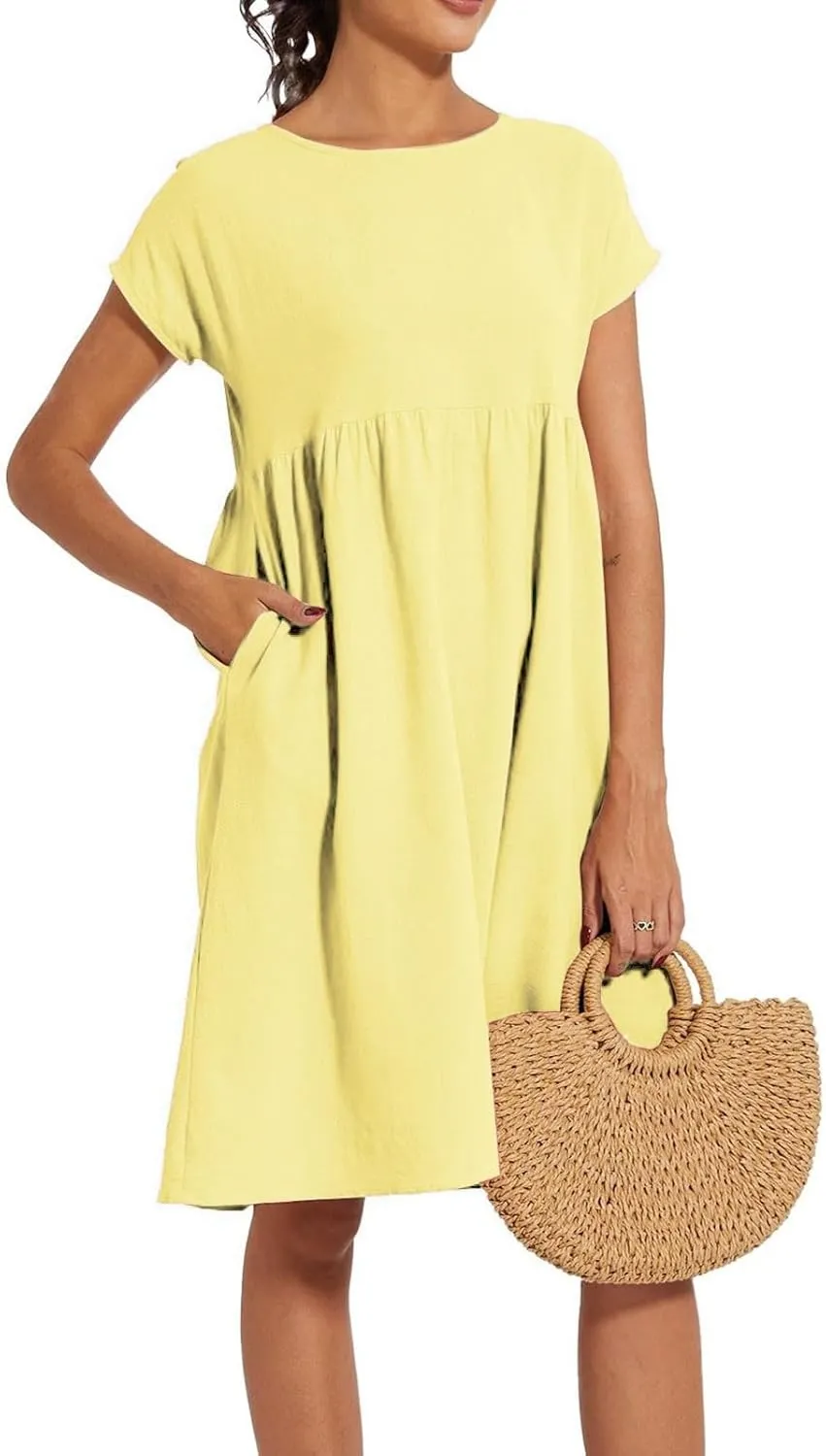 Cotton Dresses for Women 2025 Summer Short Sleeve Midi Dress Casual Loose Beach Dress with Pockets Vacation Outfits