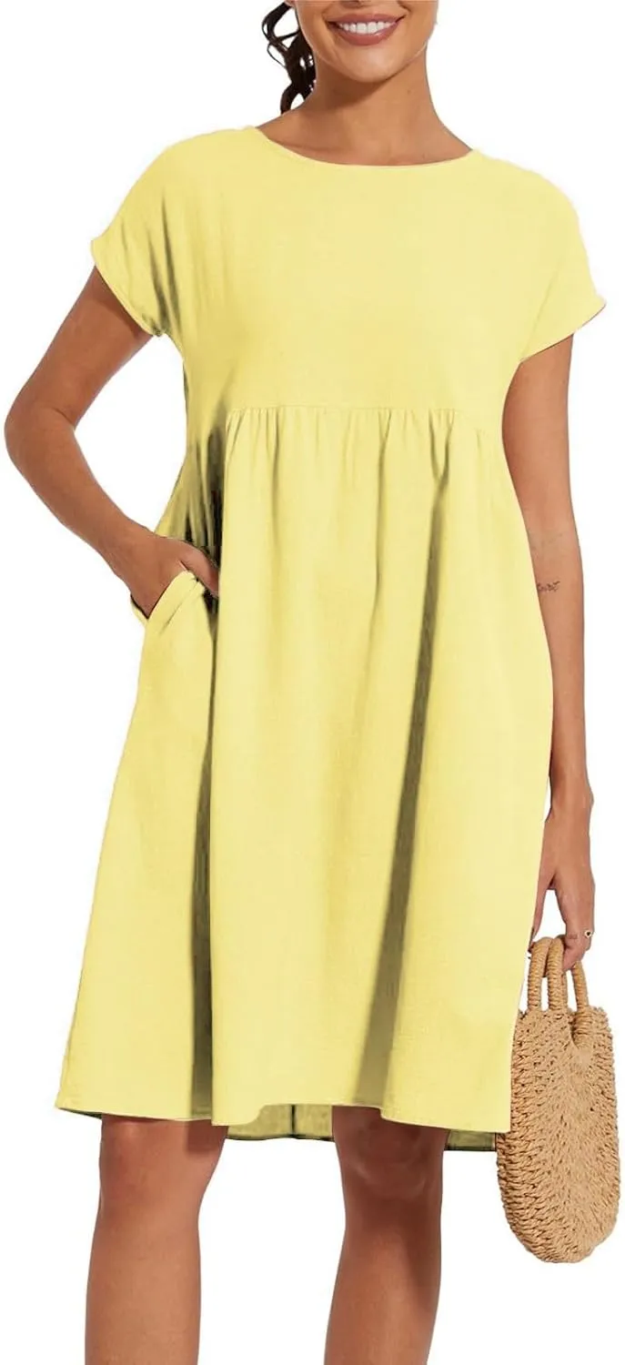 Cotton Dresses for Women 2025 Summer Short Sleeve Midi Dress Casual Loose Beach Dress with Pockets Vacation Outfits