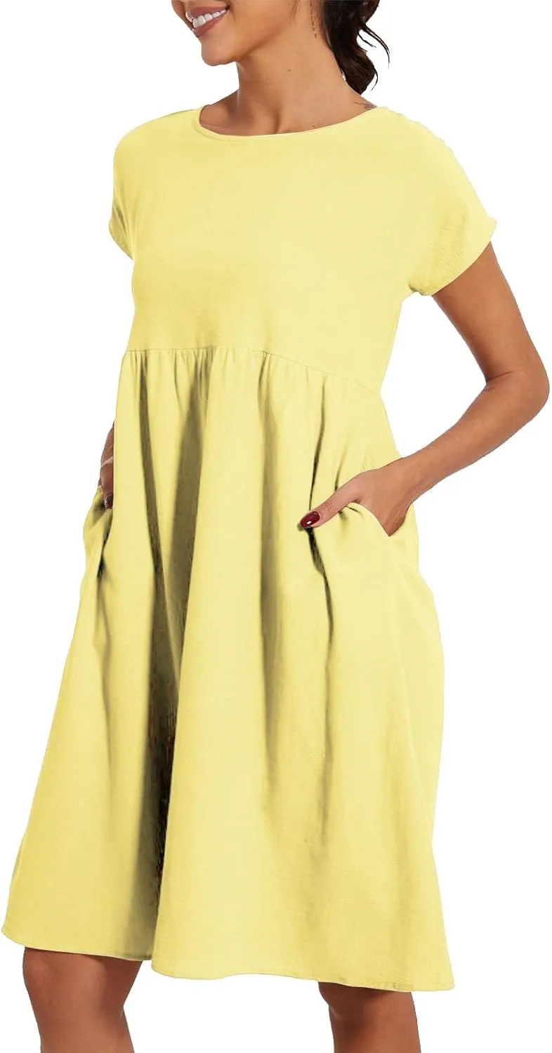 Cotton Dresses for Women 2025 Summer Short Sleeve Midi Dress Casual Loose Beach Dress with Pockets Vacation Outfits