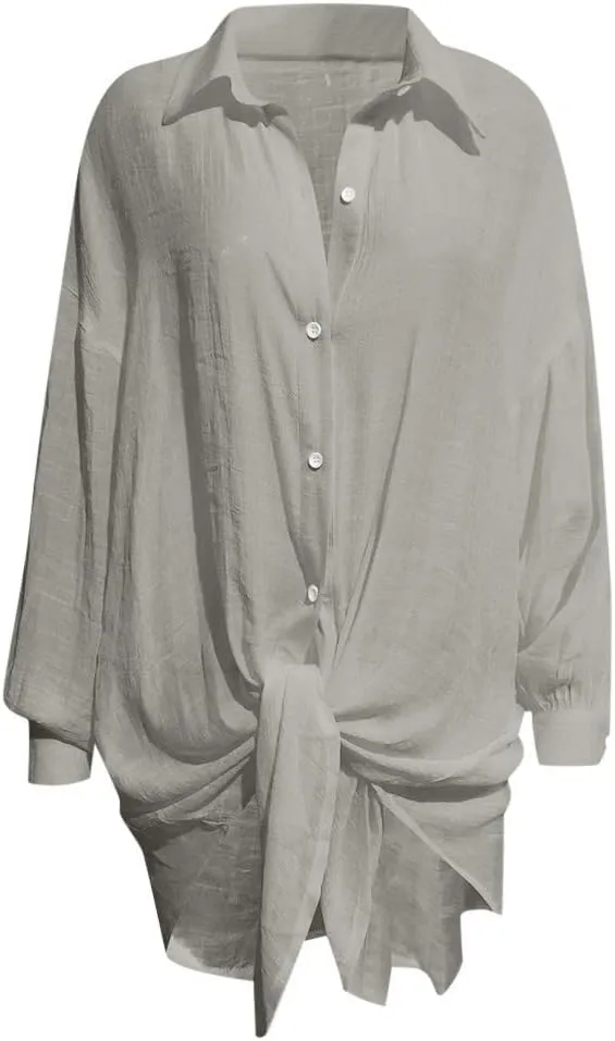 Cotton Linen Tops for Women Long Sleeve Button Down Plus Size Summer Oversized Tops Beach Coverups Blouse