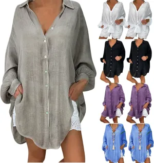 Cotton Linen Tops for Women Long Sleeve Button Down Plus Size Summer Oversized Tops Beach Coverups Blouse