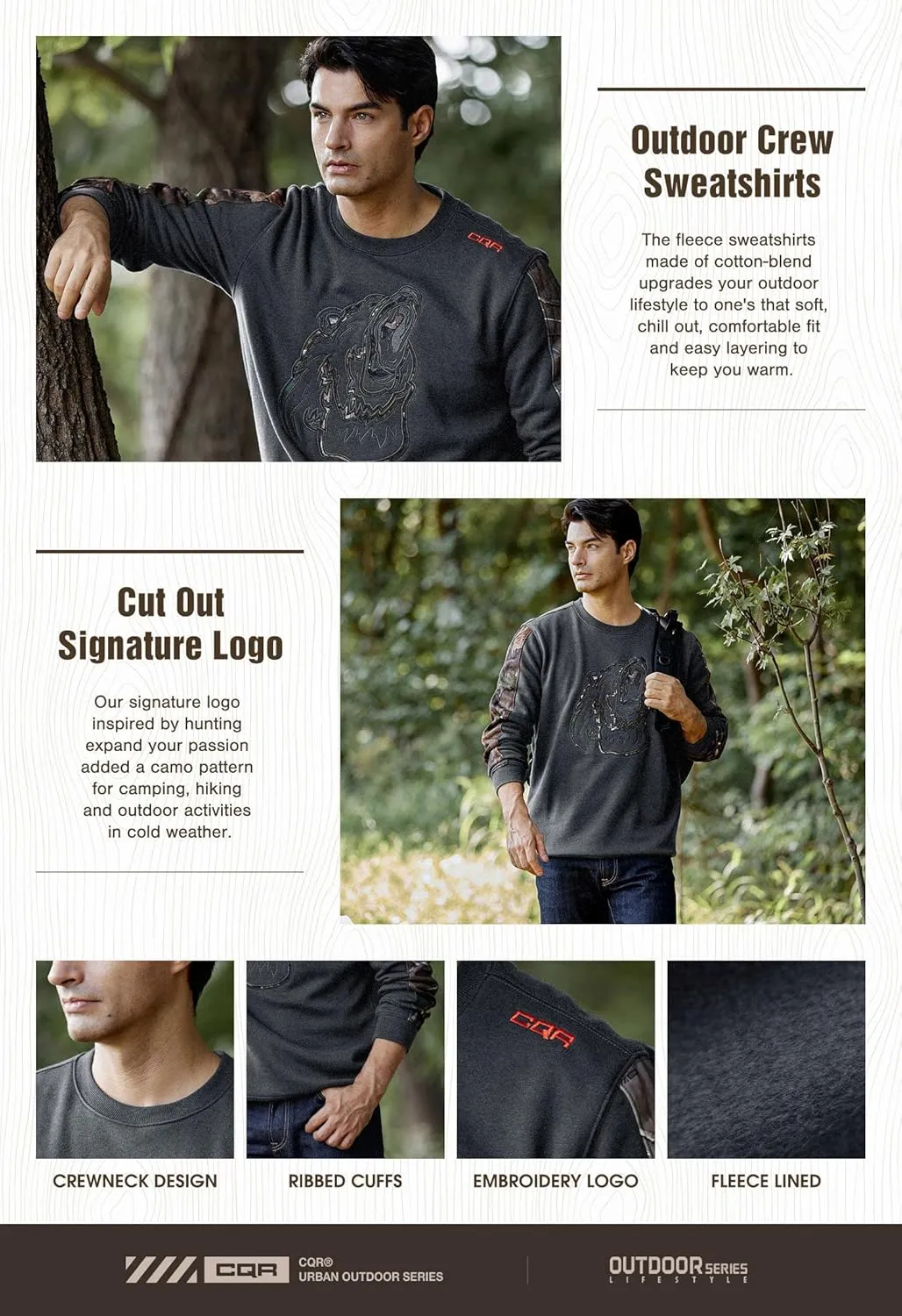CQR Men's Fleece Crewneck Sweatshirt, Winter Outdoor Performance Pullover, Crew Fleece Lined Hunting Sweatshirts