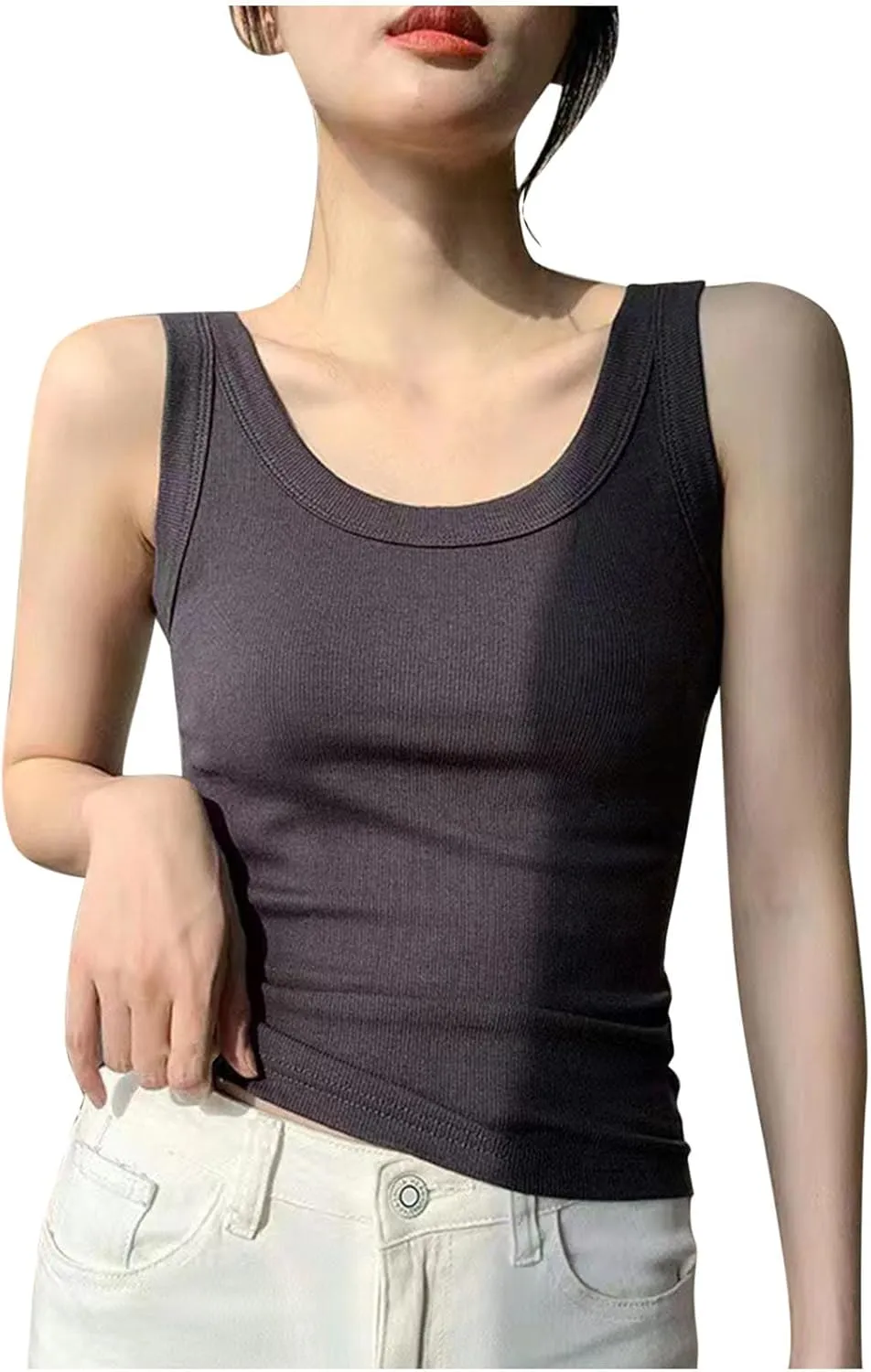 Crop Tank Tops for Women Scoop Neck Ribbed Knit Slim Fit Basic Tees Summer Going Out Top Teen Girls Sleeveless Shirt