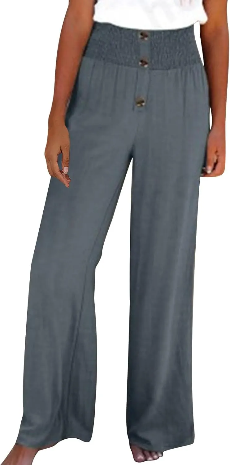 DASAYO Cotton Linen Pants for Women Smocked High Waisted Palazzo Pants Ladies Dressy Casual Wide Leg Trousers Summer Fashion