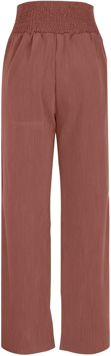DASAYO Cotton Linen Pants for Women Smocked High Waisted Palazzo Pants Ladies Dressy Casual Wide Leg Trousers Summer Fashion
