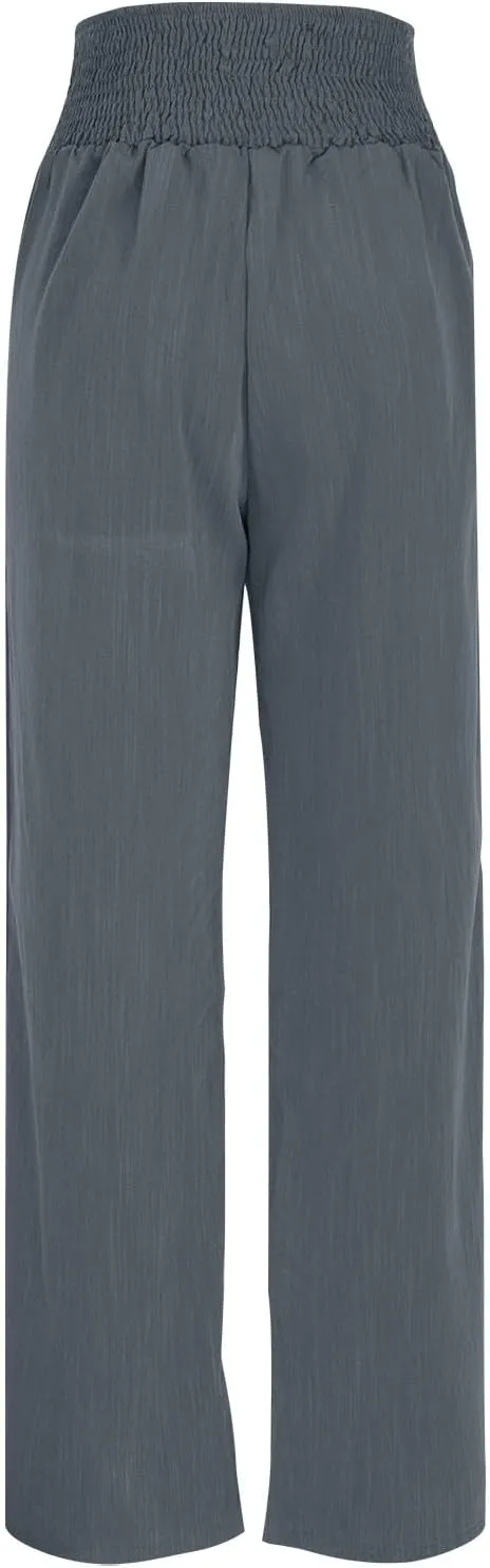 DASAYO Cotton Linen Pants for Women Smocked High Waisted Palazzo Pants Ladies Dressy Casual Wide Leg Trousers Summer Fashion