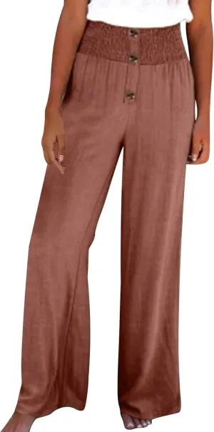 DASAYO Cotton Linen Pants for Women Smocked High Waisted Palazzo Pants Ladies Dressy Casual Wide Leg Trousers Summer Fashion