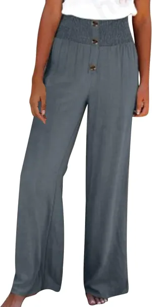 DASAYO Cotton Linen Pants for Women Smocked High Waisted Palazzo Pants Ladies Dressy Casual Wide Leg Trousers Summer Fashion