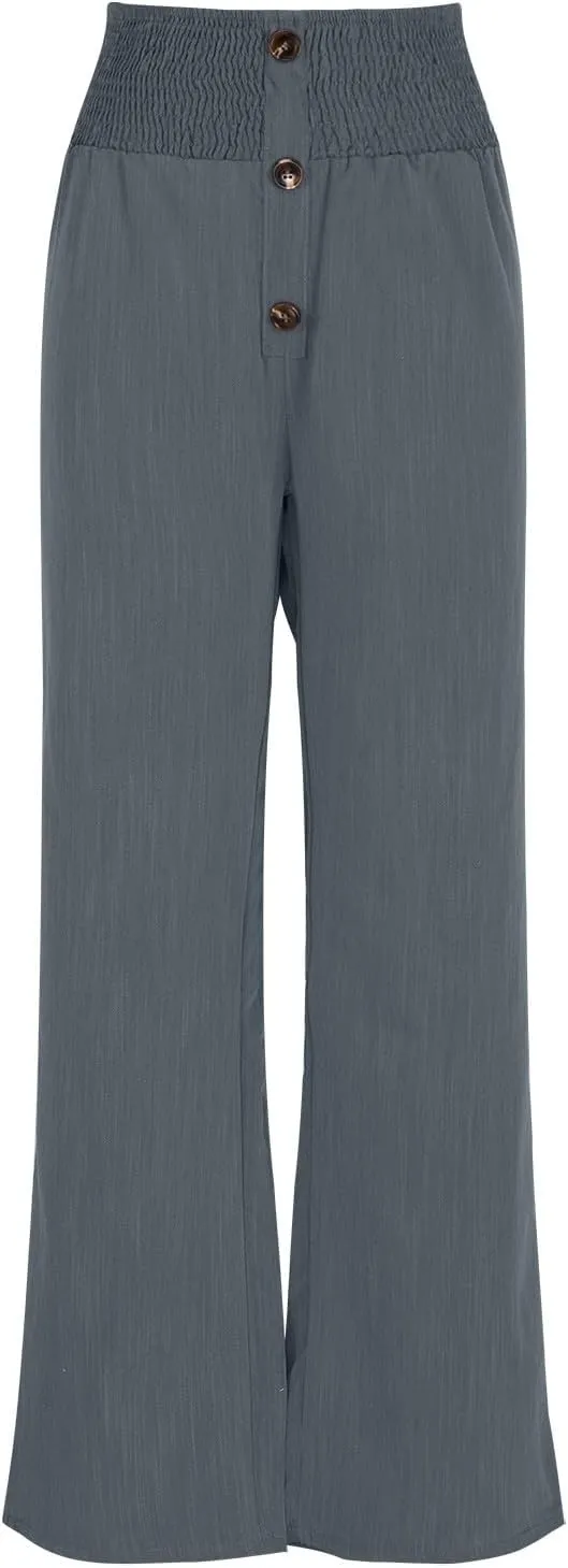 DASAYO Cotton Linen Pants for Women Smocked High Waisted Palazzo Pants Ladies Dressy Casual Wide Leg Trousers Summer Fashion