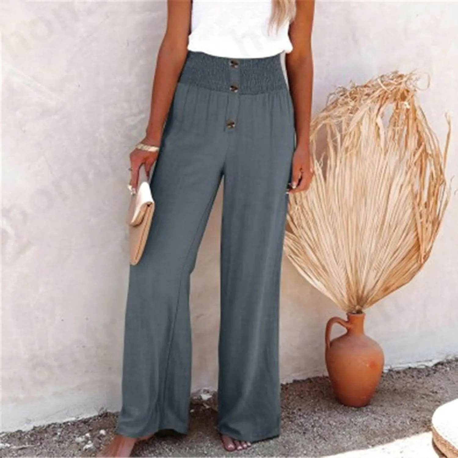 DASAYO Cotton Linen Pants for Women Smocked High Waisted Palazzo Pants Ladies Dressy Casual Wide Leg Trousers Summer Fashion