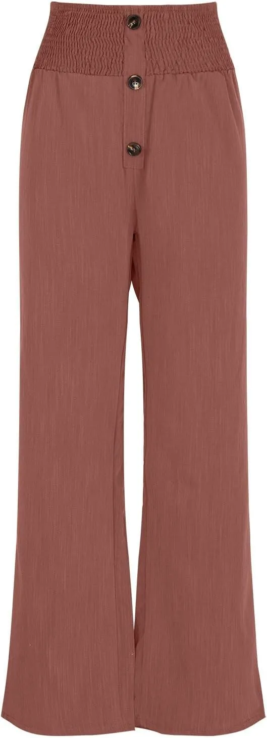 DASAYO Cotton Linen Pants for Women Smocked High Waisted Palazzo Pants Ladies Dressy Casual Wide Leg Trousers Summer Fashion