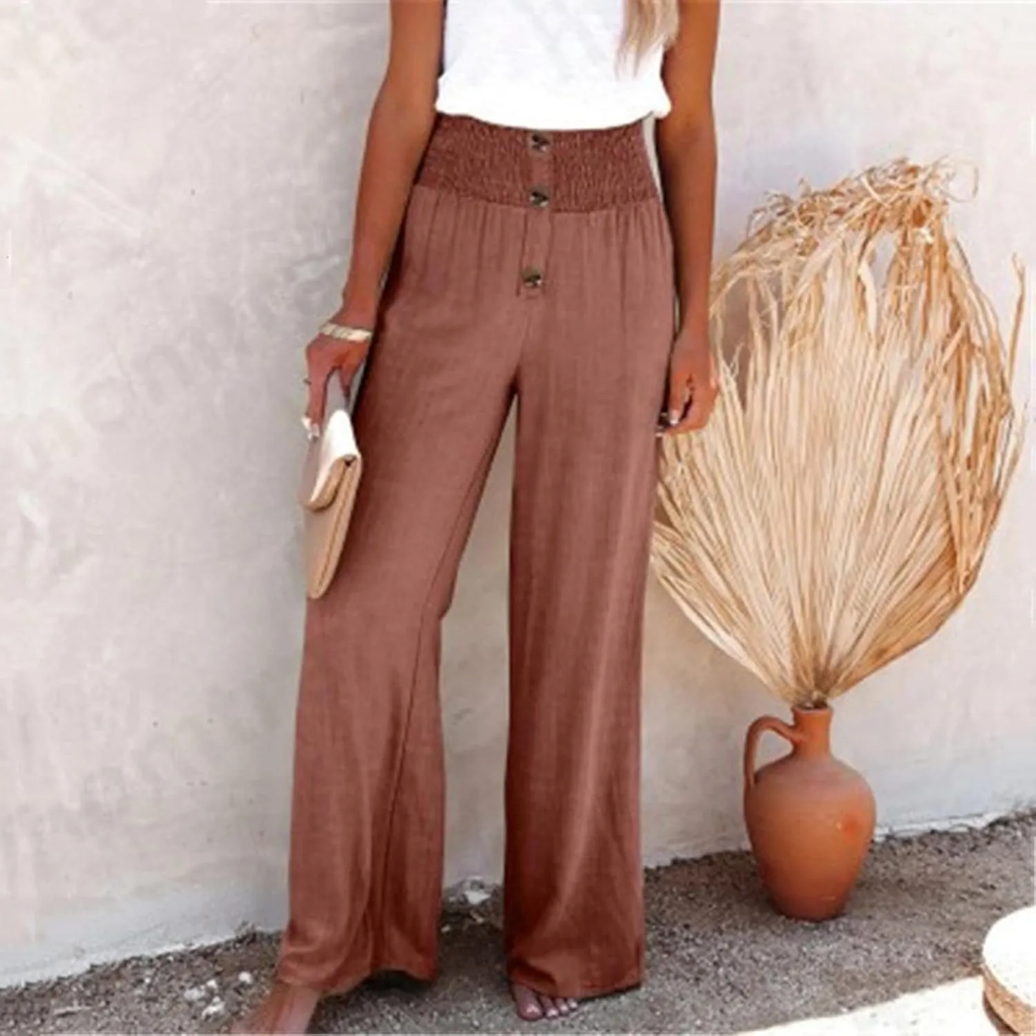 DASAYO Cotton Linen Pants for Women Smocked High Waisted Palazzo Pants Ladies Dressy Casual Wide Leg Trousers Summer Fashion