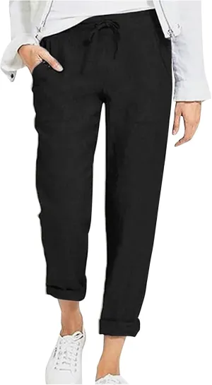 DASAYO Linen Pants Women Pettie Plus Size Drawstring Elastic Waist Straight Leg Trousers Summer Casual Pants with Pockets