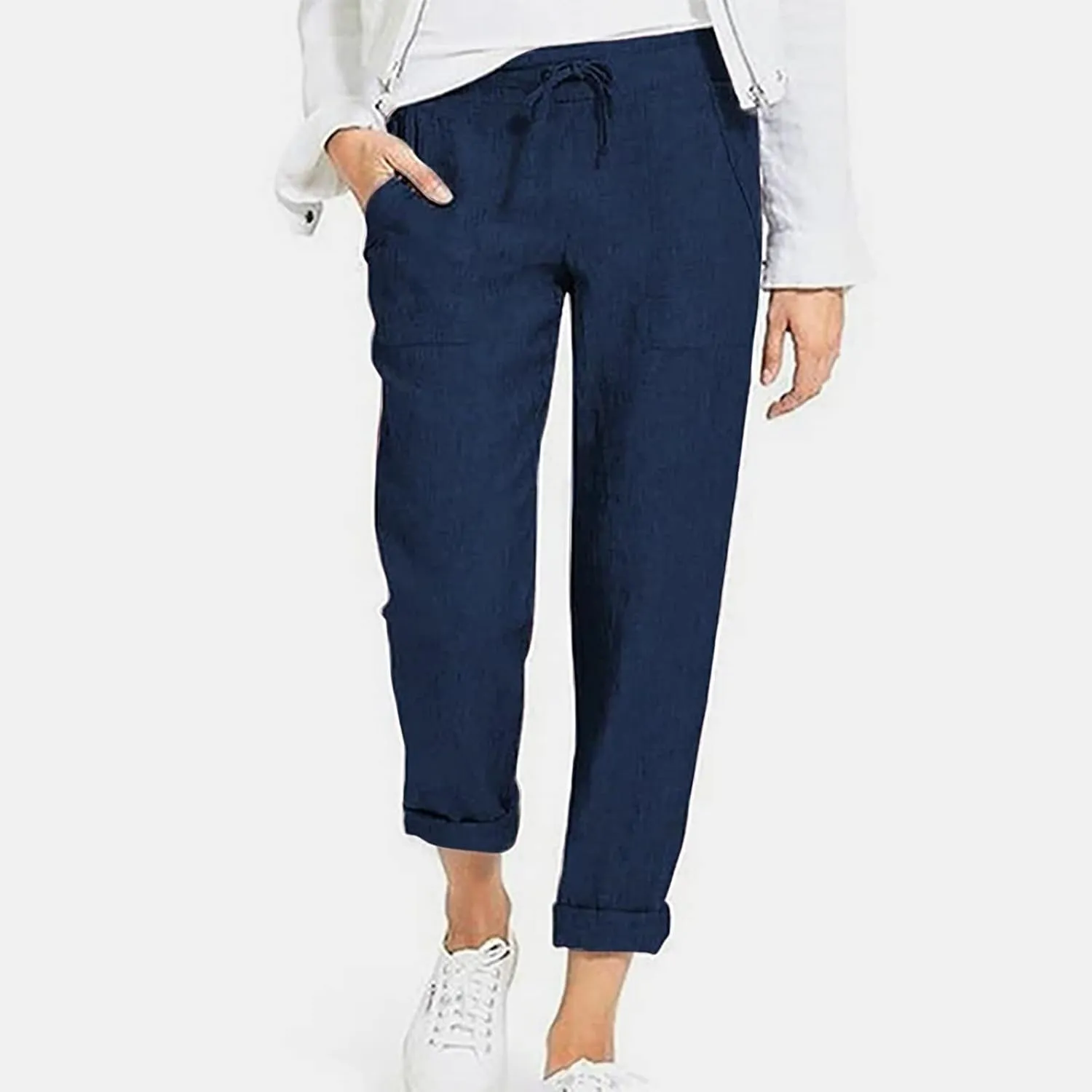 DASAYO Linen Pants Women Pettie Plus Size Drawstring Elastic Waist Straight Leg Trousers Summer Casual Pants with Pockets