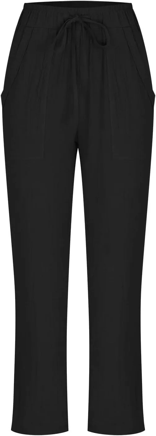 DASAYO Linen Pants Women Pettie Plus Size Drawstring Elastic Waist Straight Leg Trousers Summer Casual Pants with Pockets