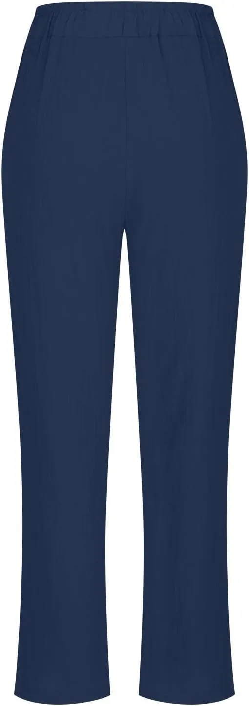 DASAYO Linen Pants Women Pettie Plus Size Drawstring Elastic Waist Straight Leg Trousers Summer Casual Pants with Pockets