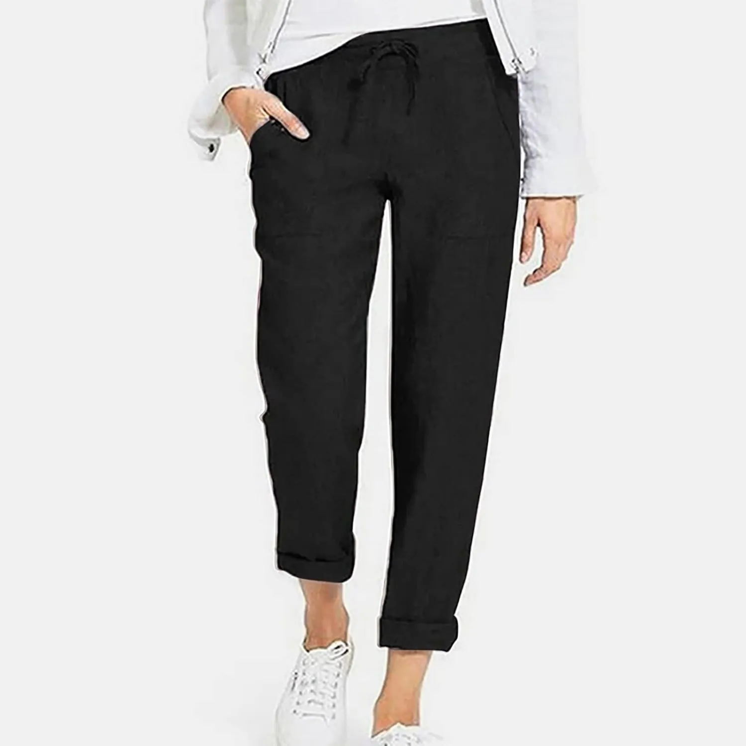 DASAYO Linen Pants Women Pettie Plus Size Drawstring Elastic Waist Straight Leg Trousers Summer Casual Pants with Pockets
