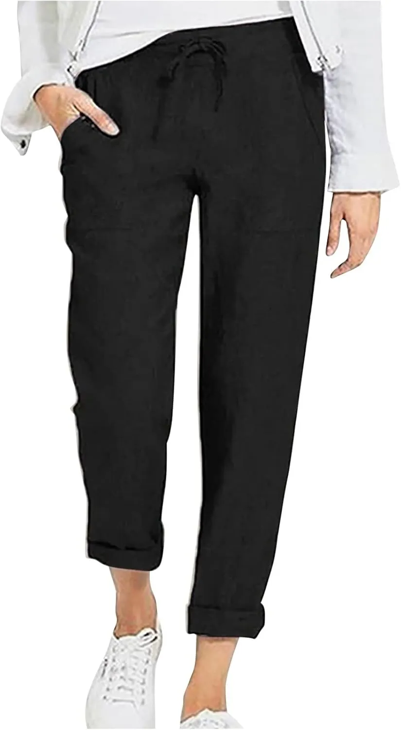 DASAYO Linen Pants Women Pettie Plus Size Drawstring Elastic Waist Straight Leg Trousers Summer Casual Pants with Pockets
