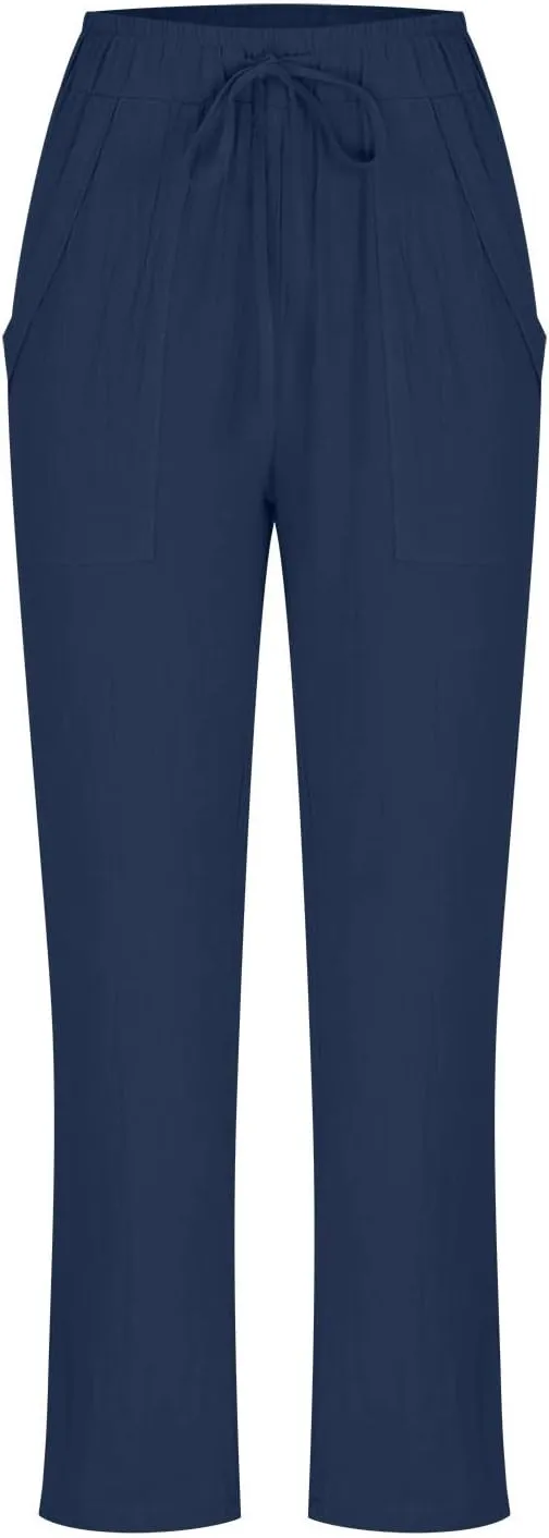 DASAYO Linen Pants Women Pettie Plus Size Drawstring Elastic Waist Straight Leg Trousers Summer Casual Pants with Pockets