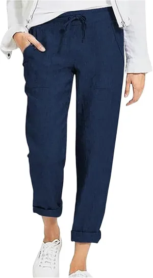 DASAYO Linen Pants Women Pettie Plus Size Drawstring Elastic Waist Straight Leg Trousers Summer Casual Pants with Pockets