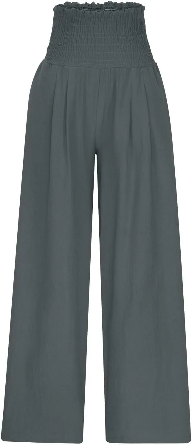 DASAYO Linen Pants Women Smocked High Waisted Wide Leg Pants with Pockets Ladies Palazzo Dressy Casual Summer Beach Outfits