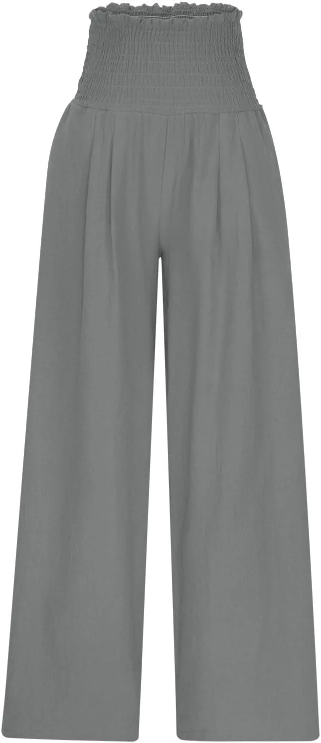 DASAYO Linen Pants Women Smocked High Waisted Wide Leg Pants with Pockets Ladies Palazzo Dressy Casual Summer Beach Outfits