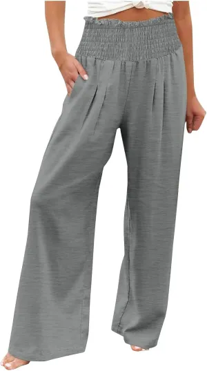 DASAYO Linen Pants Women Smocked High Waisted Wide Leg Pants with Pockets Ladies Palazzo Dressy Casual Summer Beach Outfits