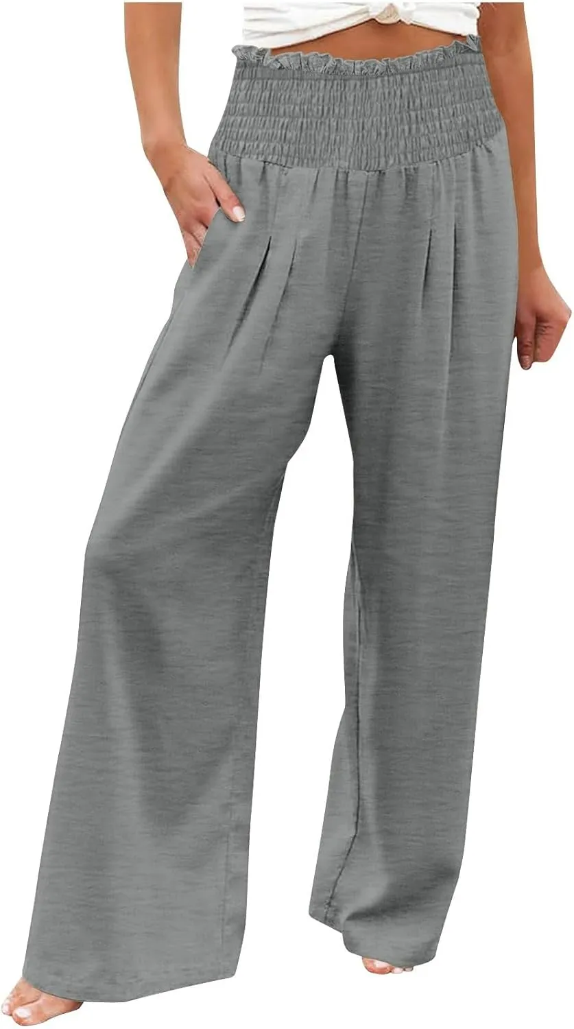 DASAYO Linen Pants Women Smocked High Waisted Wide Leg Pants with Pockets Ladies Palazzo Dressy Casual Summer Beach Outfits