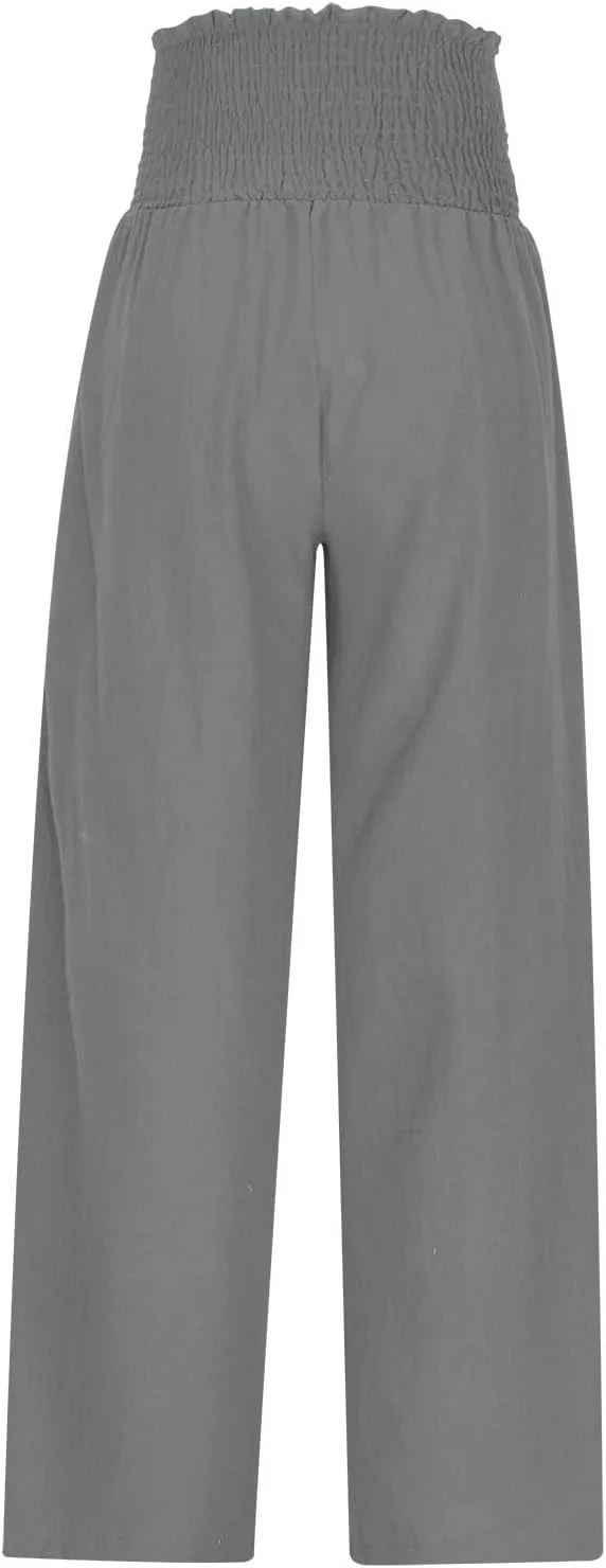 DASAYO Linen Pants Women Smocked High Waisted Wide Leg Pants with Pockets Ladies Palazzo Dressy Casual Summer Beach Outfits