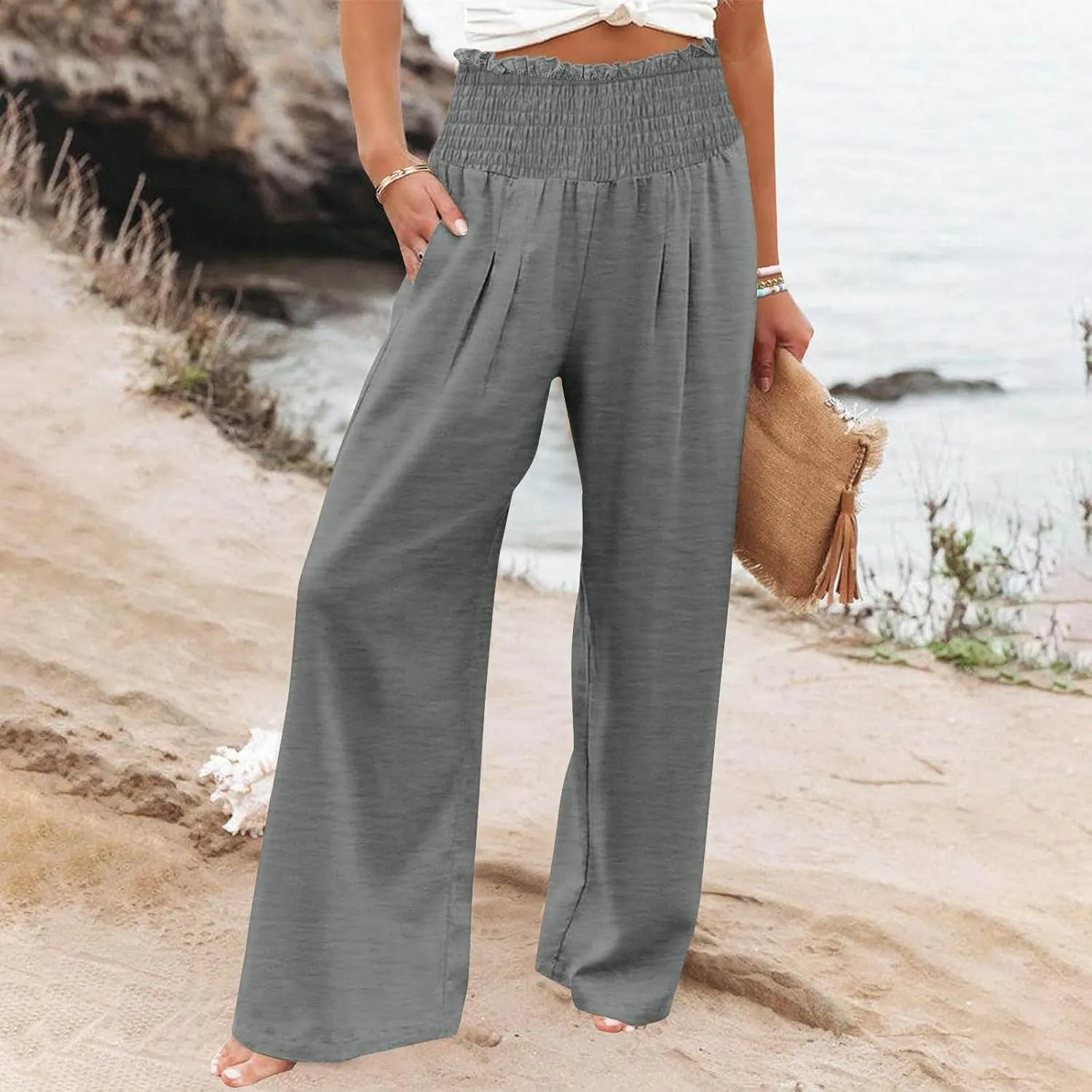 DASAYO Linen Pants Women Smocked High Waisted Wide Leg Pants with Pockets Ladies Palazzo Dressy Casual Summer Beach Outfits