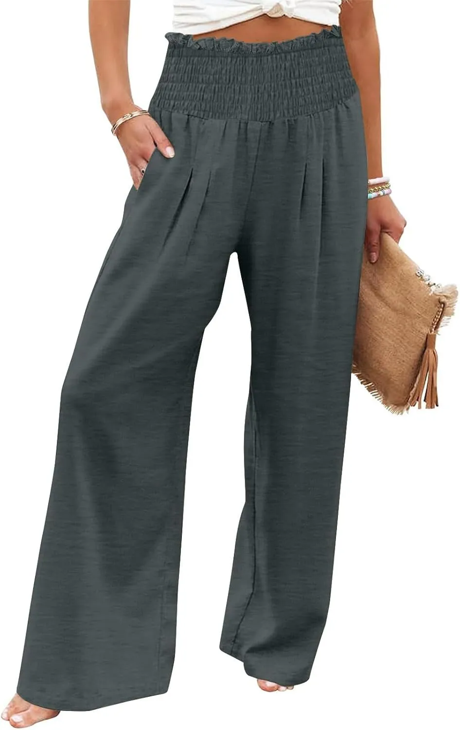 DASAYO Linen Pants Women Smocked High Waisted Wide Leg Pants with Pockets Ladies Palazzo Dressy Casual Summer Beach Outfits