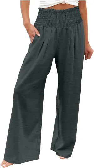 DASAYO Linen Pants Women Smocked High Waisted Wide Leg Pants with Pockets Ladies Palazzo Dressy Casual Summer Beach Outfits