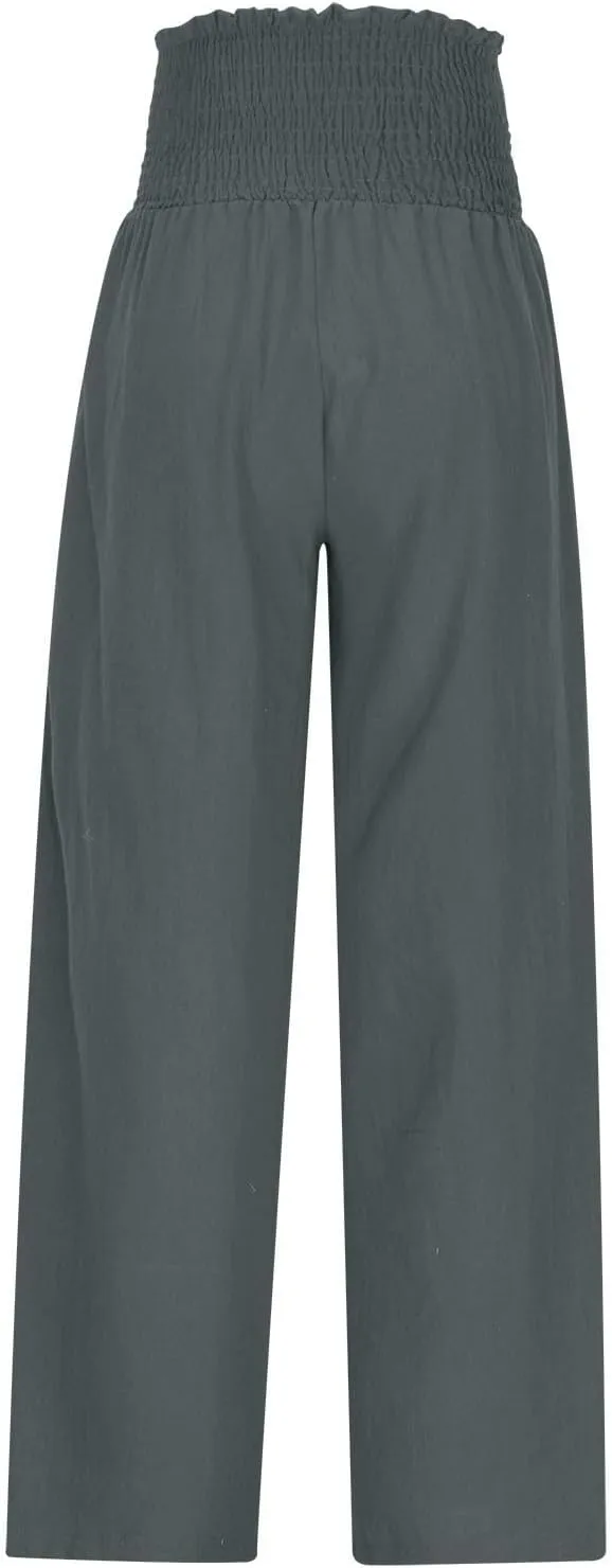 DASAYO Linen Pants Women Smocked High Waisted Wide Leg Pants with Pockets Ladies Palazzo Dressy Casual Summer Beach Outfits