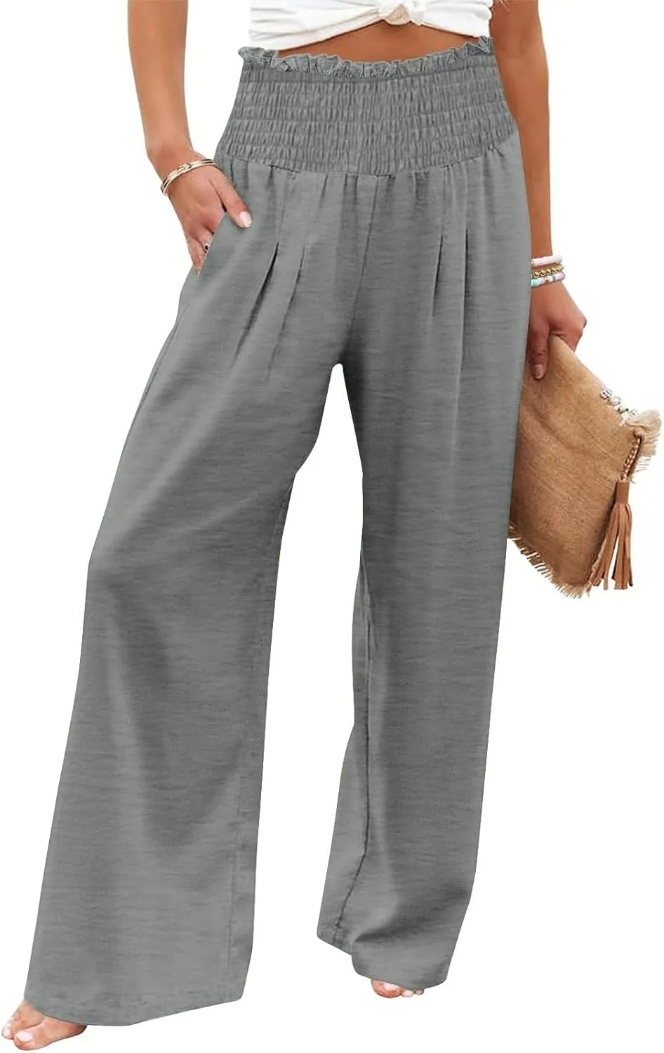DASAYO Linen Pants Women Smocked High Waisted Wide Leg Pants with Pockets Ladies Palazzo Dressy Casual Summer Beach Outfits