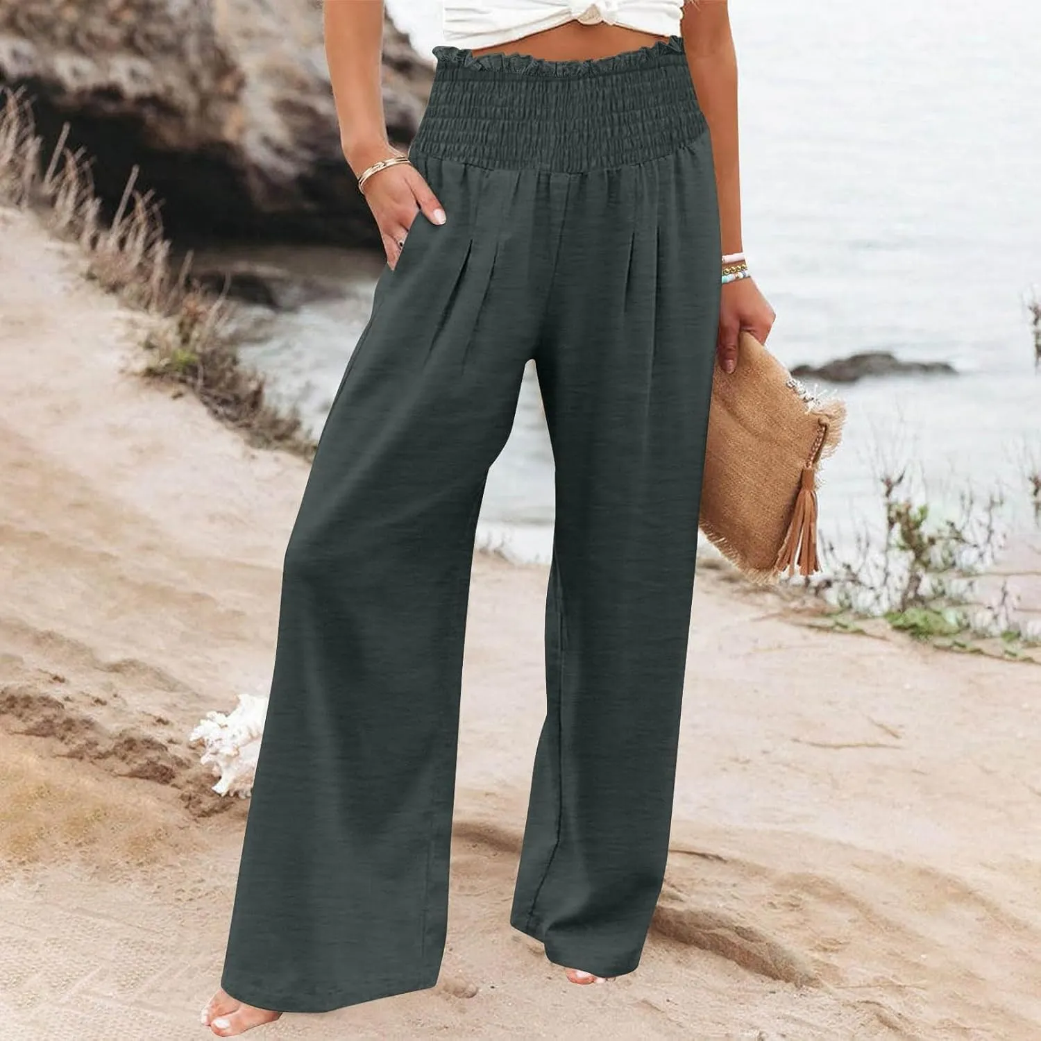 DASAYO Linen Pants Women Smocked High Waisted Wide Leg Pants with Pockets Ladies Palazzo Dressy Casual Summer Beach Outfits