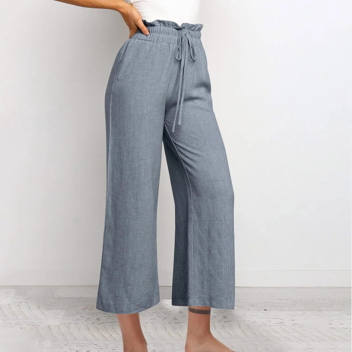 DASAYO Linen Pants Women Summer Drawstring Ruffle High Waisted Cropped Palazzo Casual Loose Wide Leg Trousers with Pockets