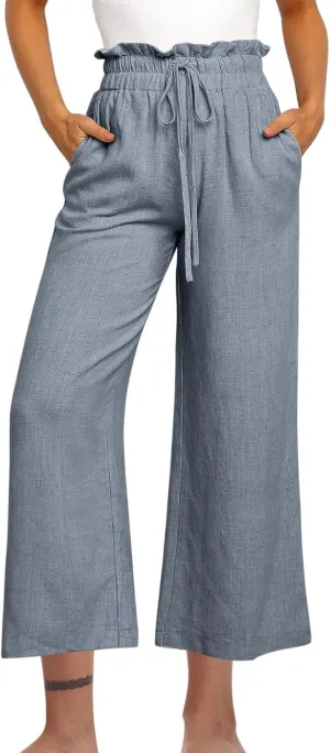 DASAYO Linen Pants Women Summer Drawstring Ruffle High Waisted Cropped Palazzo Casual Loose Wide Leg Trousers with Pockets