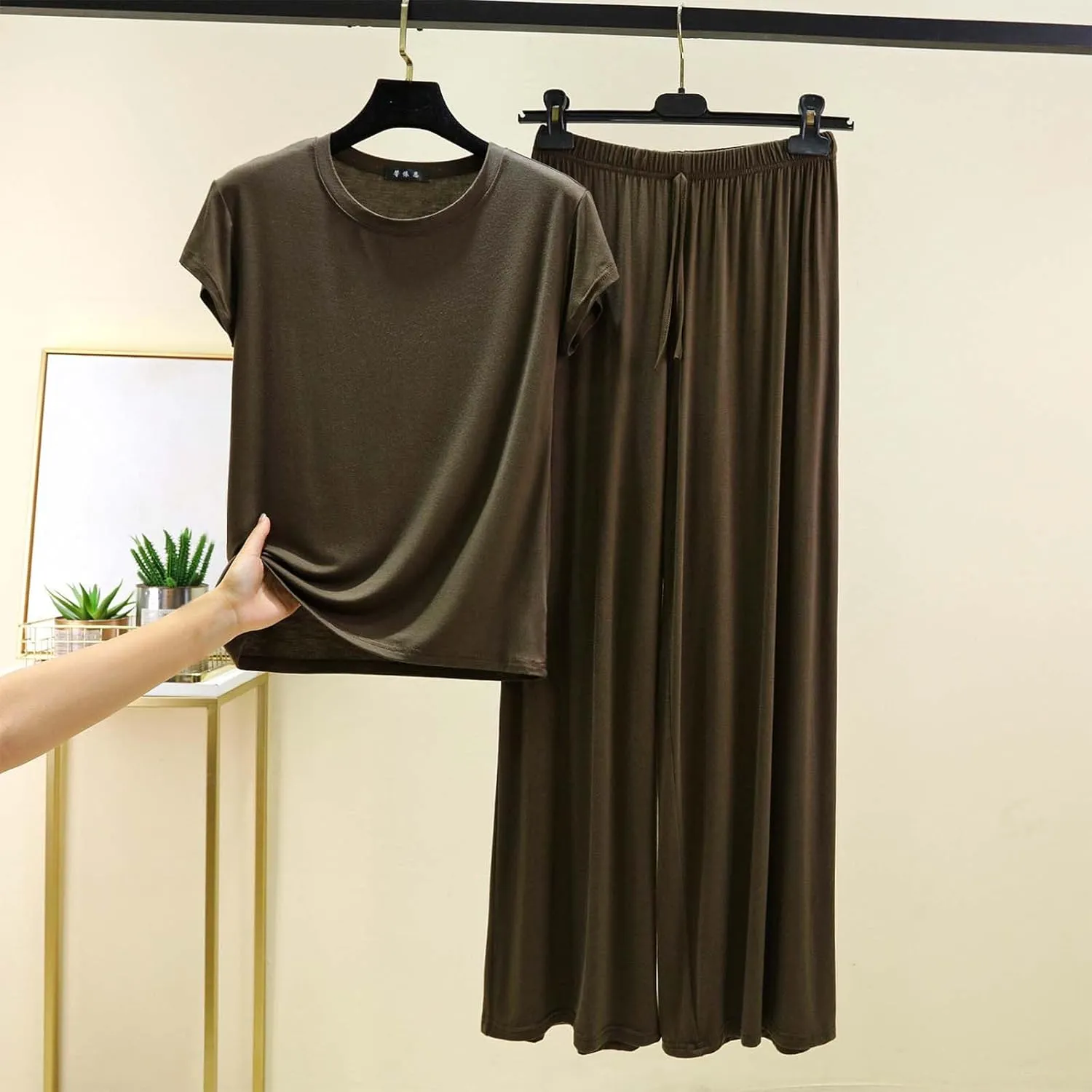 DDAPJ pyju Modal Lounge Sets for Women Casual Cap Sleeve Sleepwear Top Tie Front Elastic Waist Wide Leg Pants Soft Nightwear