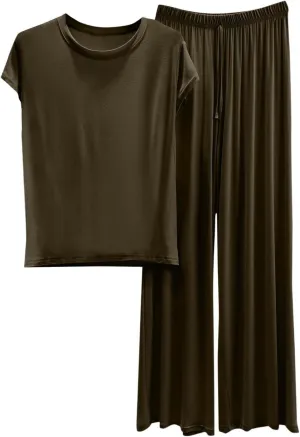 DDAPJ pyju Modal Lounge Sets for Women Casual Cap Sleeve Sleepwear Top Tie Front Elastic Waist Wide Leg Pants Soft Nightwear