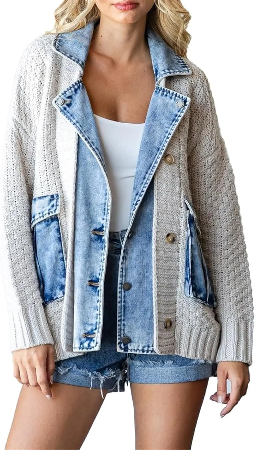 Dearlassie Denim Cardigan, Women's Loose Denim Sweater Knitted Cardigan, Chunky Knit with Pockets