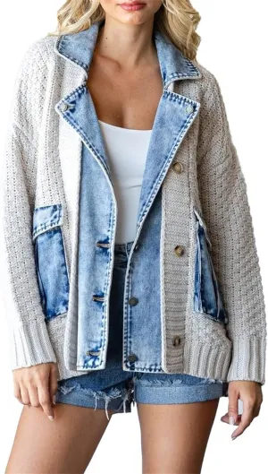 Dearlassie Denim Cardigan, Women's Loose Denim Sweater Knitted Cardigan, Chunky Knit with Pockets