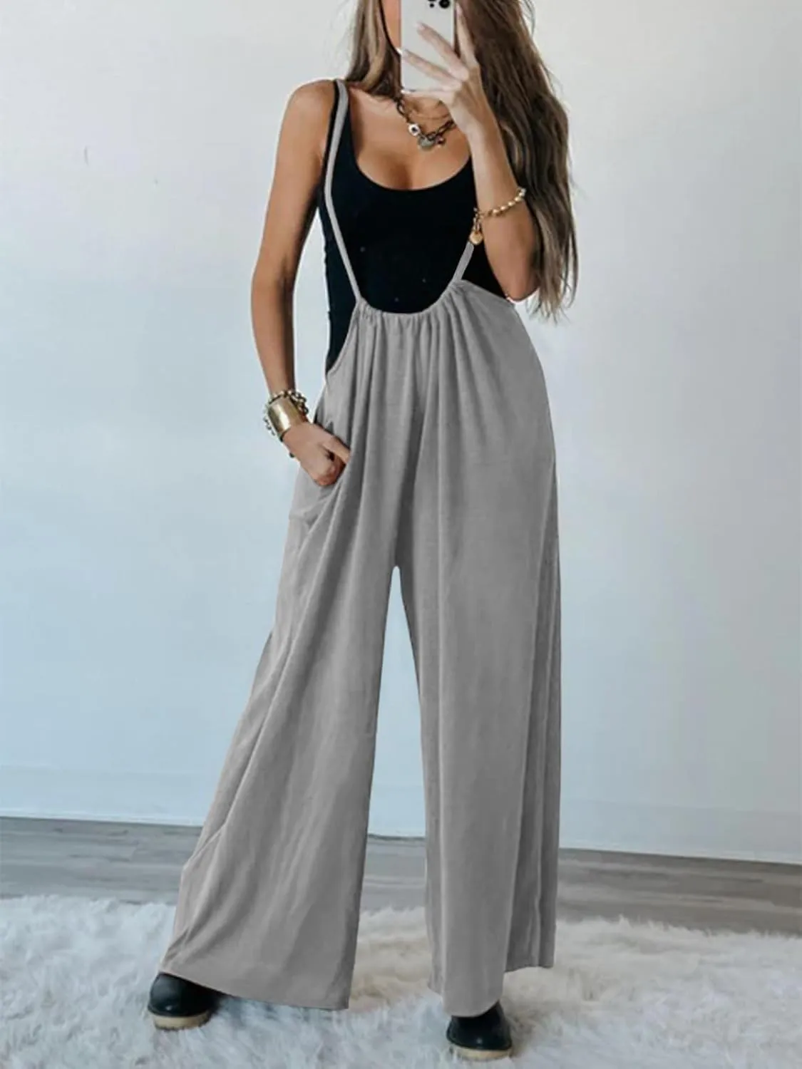 DEEP SELF Women's Casual Loose Sleeveless Jumpsuits Adjustable Spaghetti Straps Wide Leg Baggy Overalls with Pockets