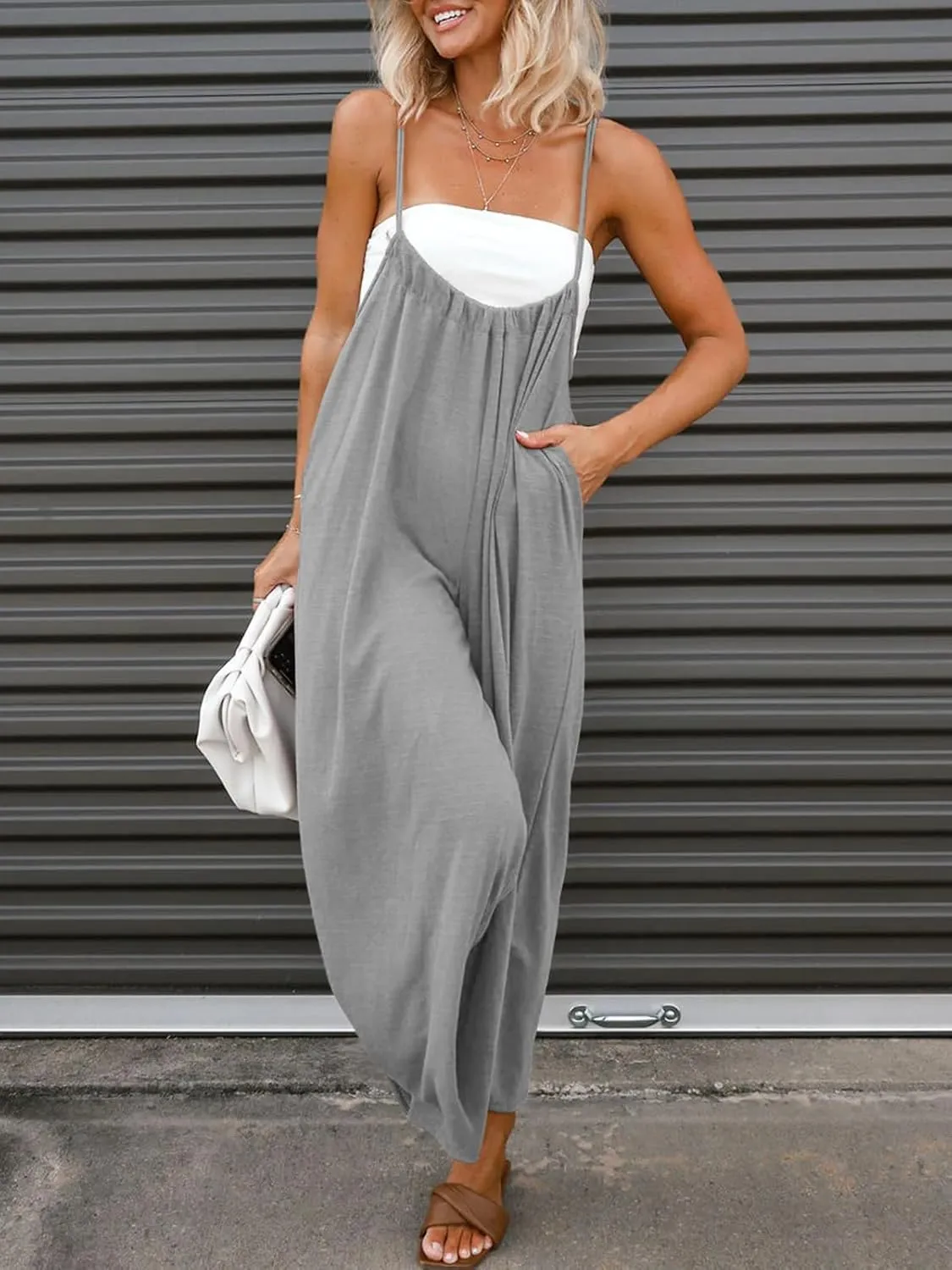 DEEP SELF Women's Casual Loose Sleeveless Jumpsuits Adjustable Spaghetti Straps Wide Leg Baggy Overalls with Pockets