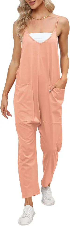 DEEP SELF Women's Loose Casual V Neck Sleeveless Jumpsuits Adjustable Spaghetti Straps Harem Long Pants Overalls With Pockets