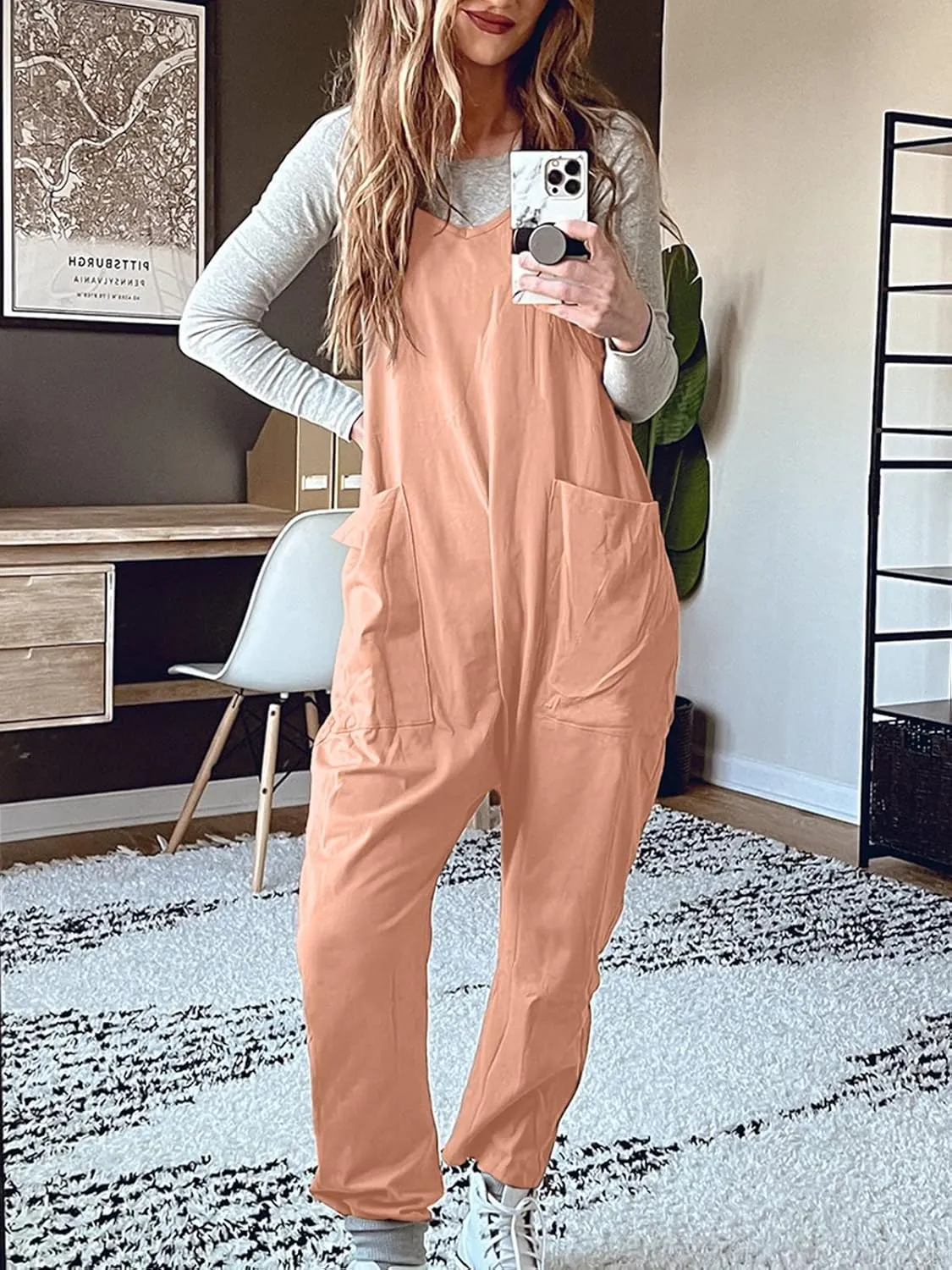 DEEP SELF Women's Loose Casual V Neck Sleeveless Jumpsuits Adjustable Spaghetti Straps Harem Long Pants Overalls With Pockets
