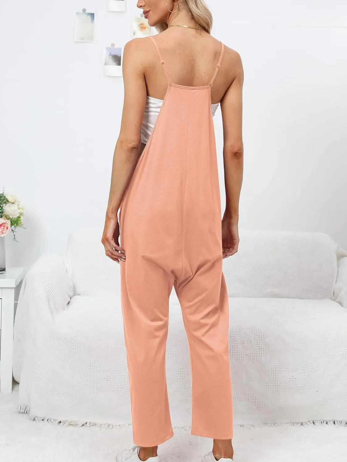 DEEP SELF Women's Loose Casual V Neck Sleeveless Jumpsuits Adjustable Spaghetti Straps Harem Long Pants Overalls With Pockets