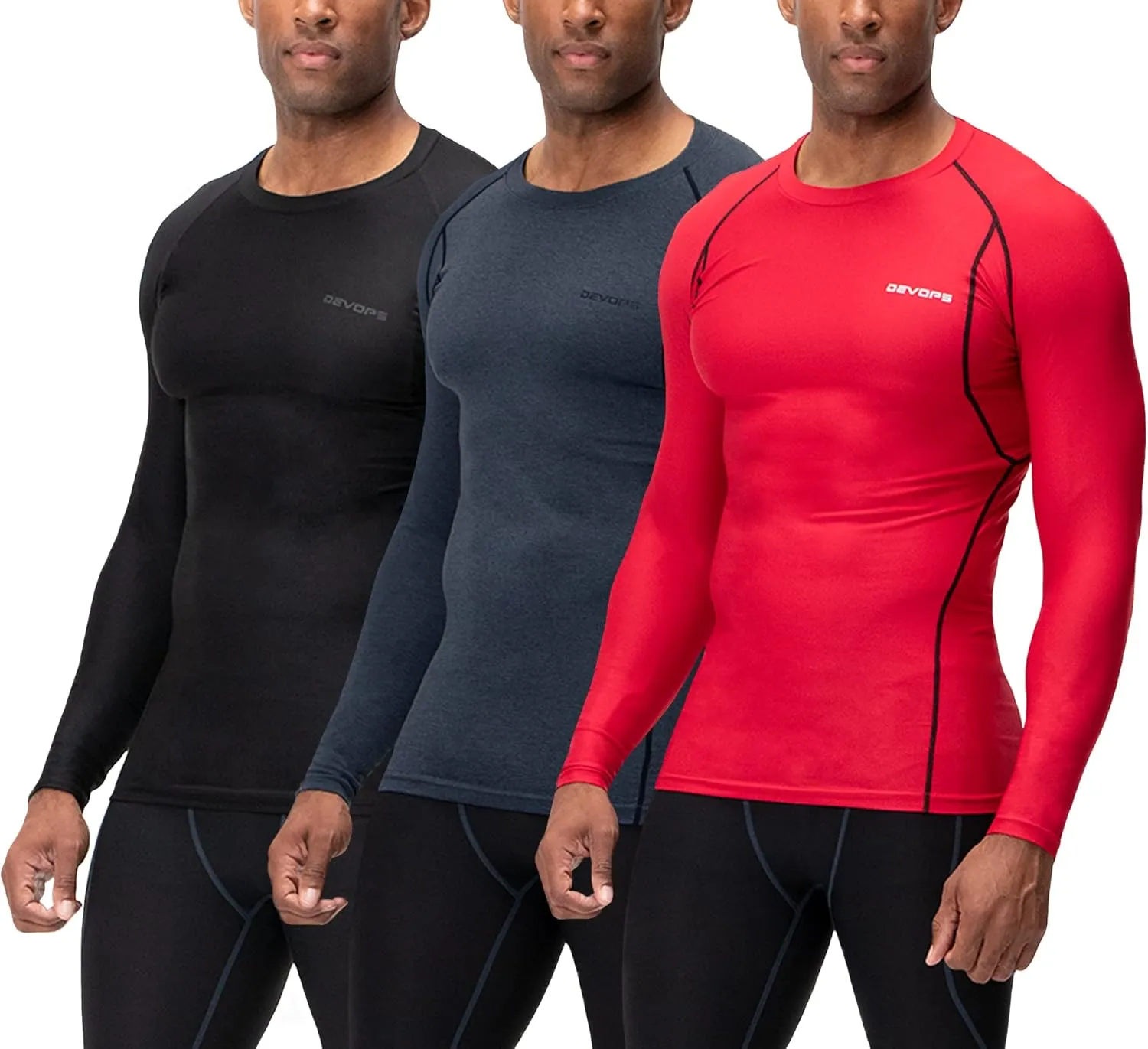 DEVOPS 3 Pack Men's UPF 50  Long Sleeve Compression Shirts Quick Dry, Cool Gear for Garage Garden Gym Yard and Workouts