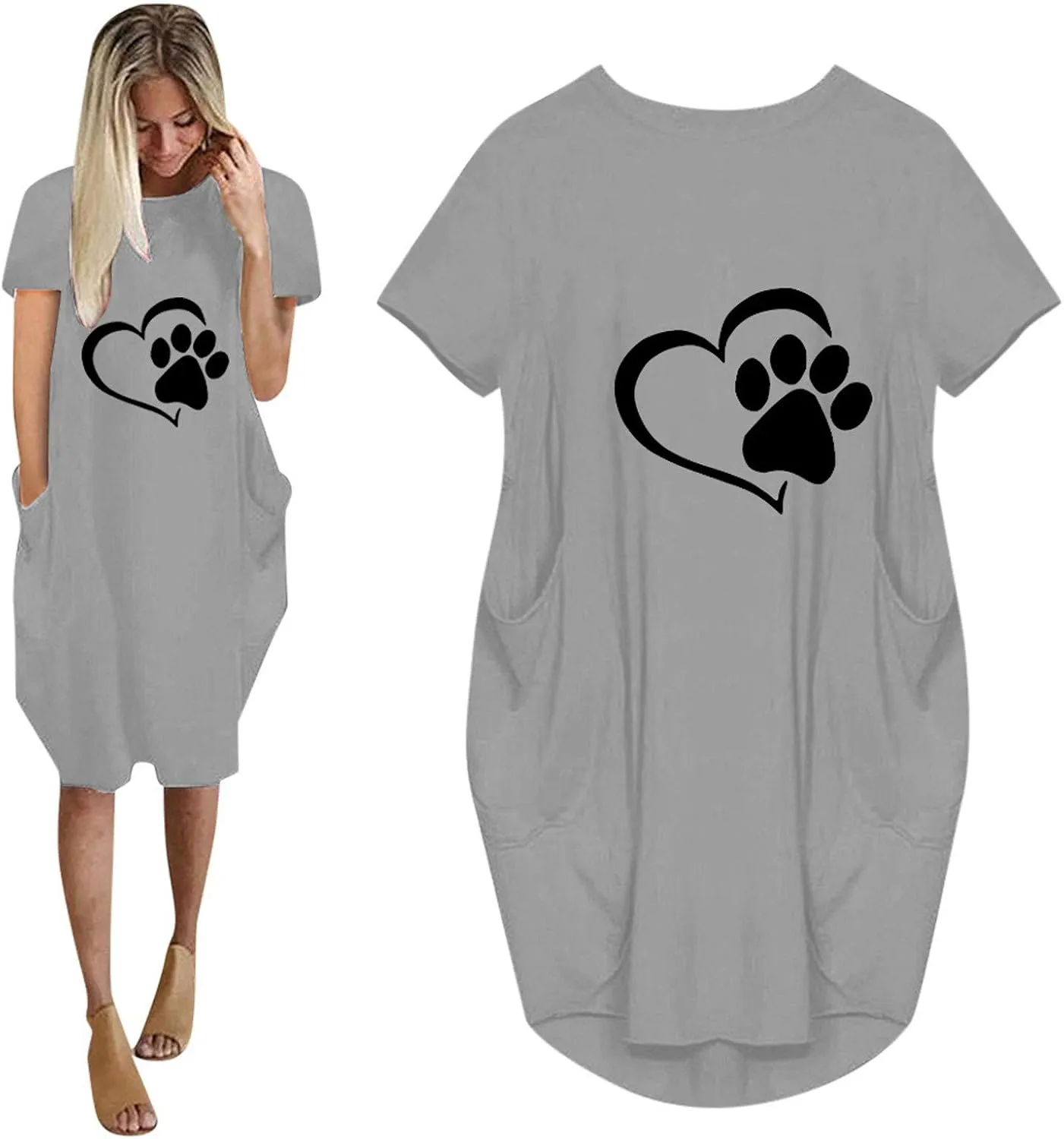 Dog Mom T Shirt Dress Women Dog Paw Heart Print Shift Dresses Plus Size Short Sleeve Loose Pocketed Beach Dress